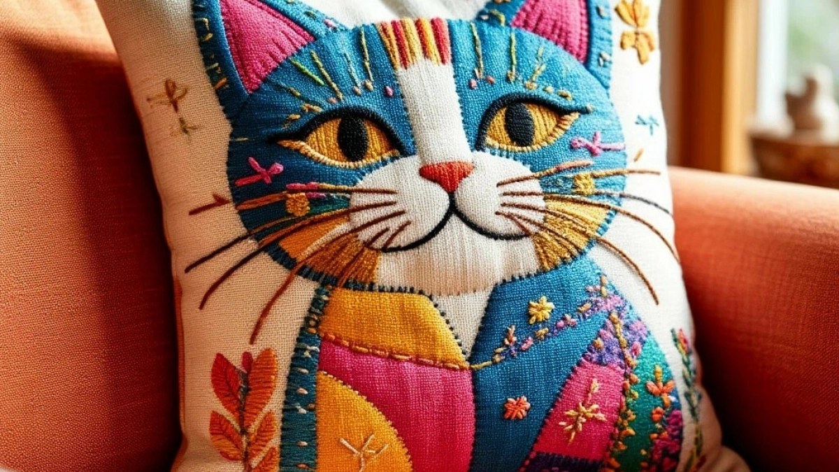 Я ее все-таки сшила: уникальная подушка с кошкой - аппликация в технике "Японский пэчворк"